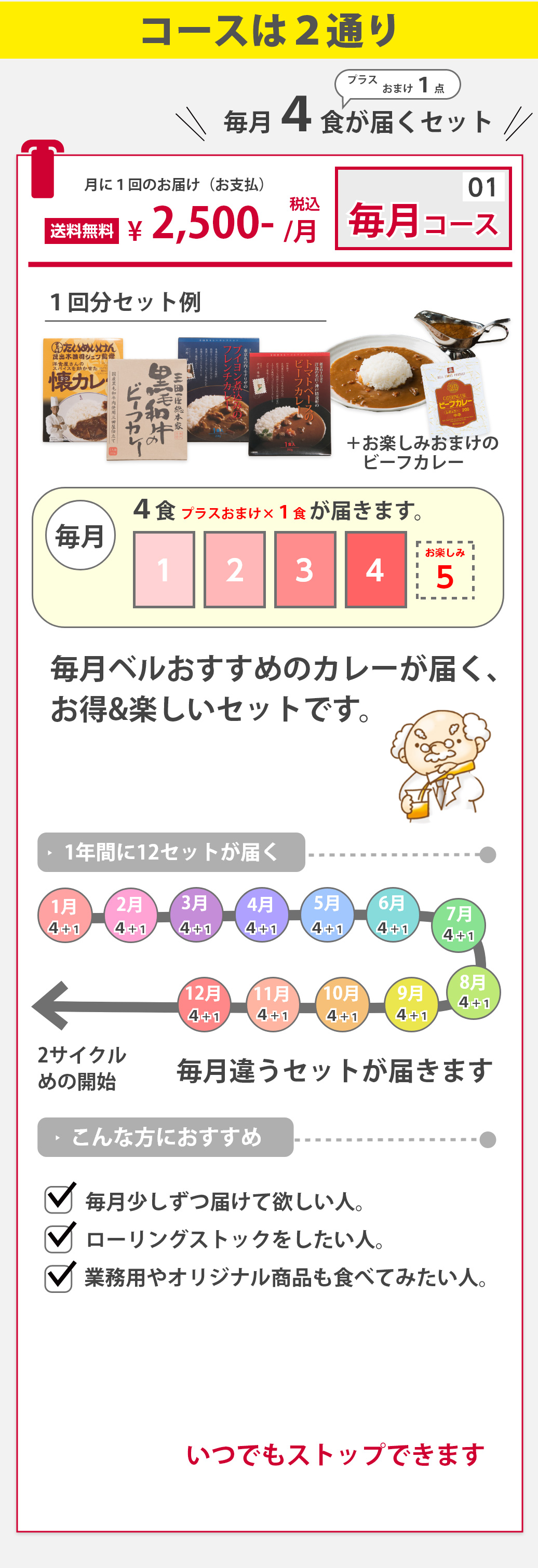 毎月ベルおすすめのカレーが届く、お得&楽しいセットです。